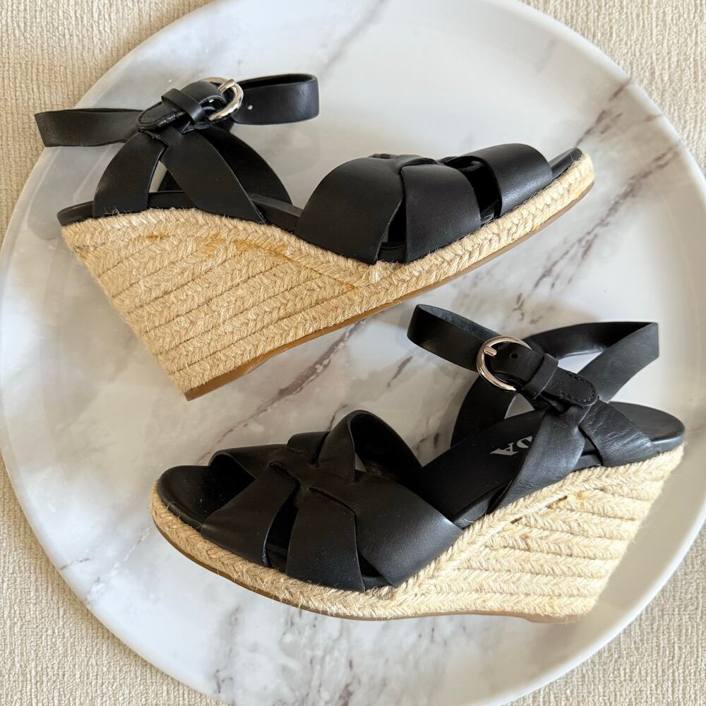 Prada Leather Wedge Espadrilles Black Beige Size 36.5 - Picture 2 of 7
